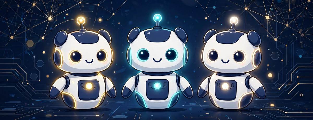 Three friendly AI robot teammates glowing against a futuristic navy background